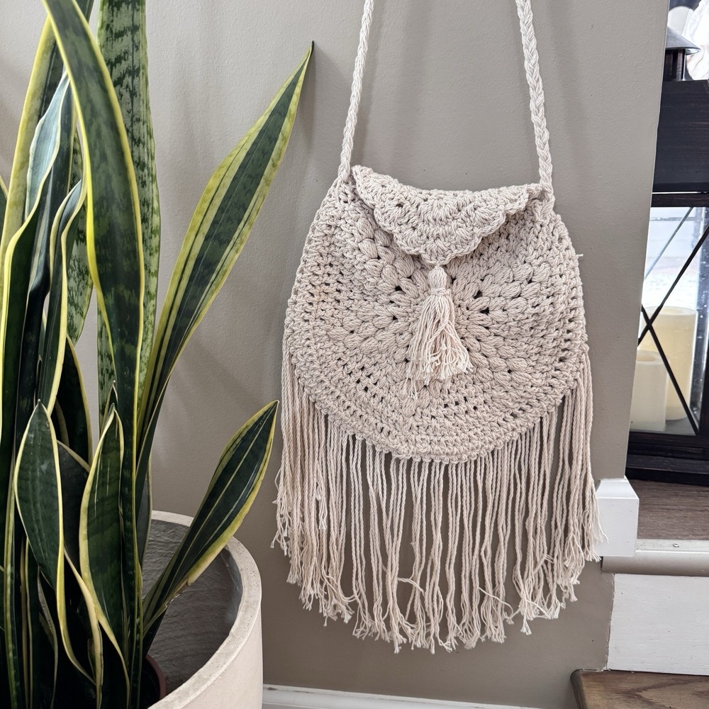 Tulum Handmade MACRAME CROCHET Crossbody Bag Ivory Boho Artisan Festival